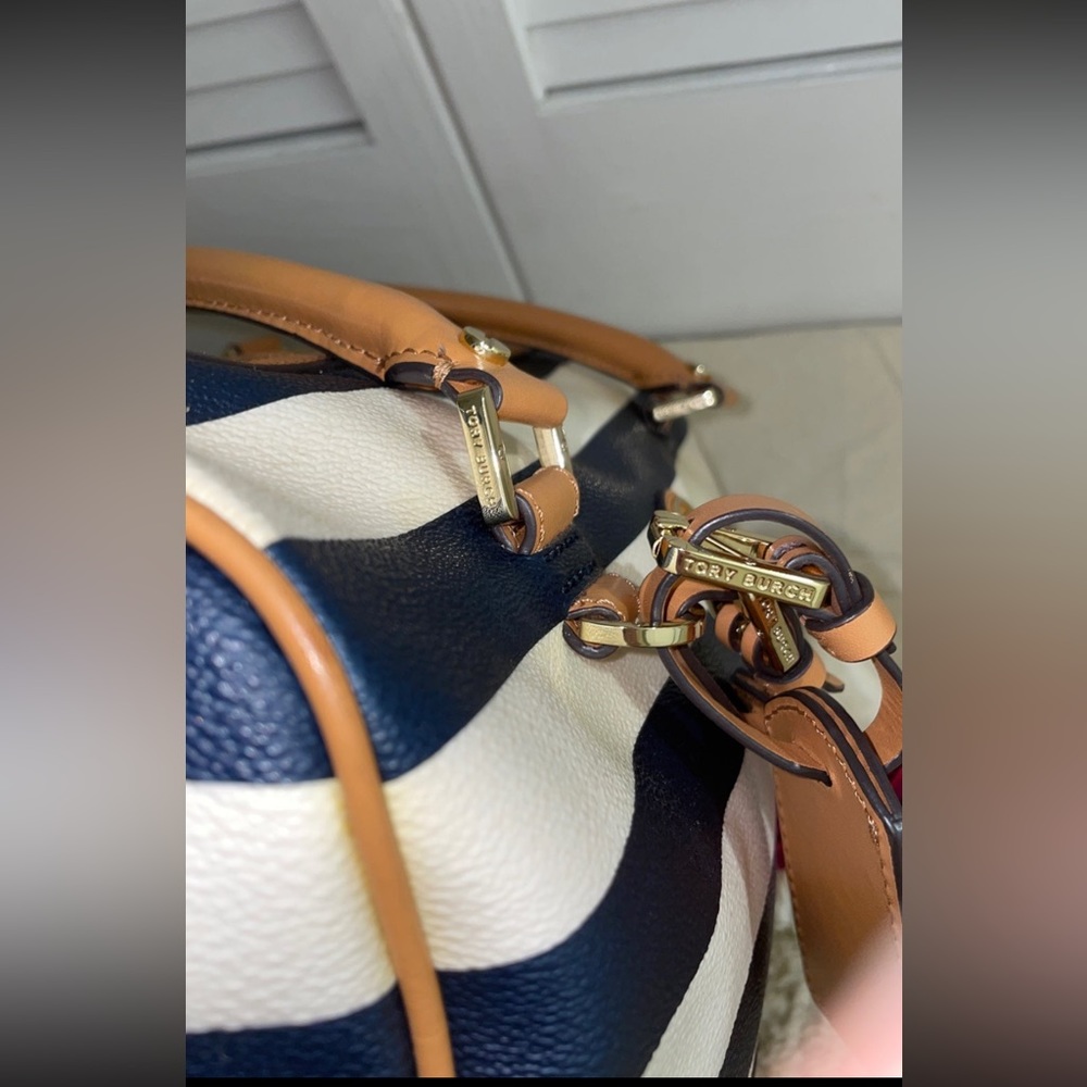 Tory Burch Navy and White Striped Satchel with Tan Trim - Picture 2 of 13